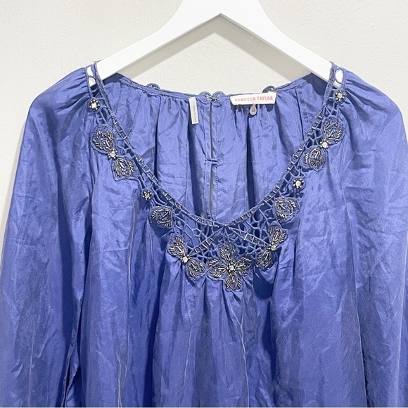 REBECCA TAYLOR Women’s Blue Silk Pleated Jeweled Embellished Neck Blouse Size 6 - Picture 2 of 10